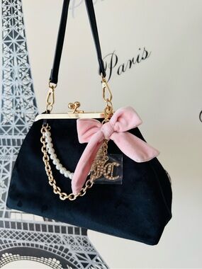 Juicy Couture Liquorice Black Velvet Frame Bag with Pink Bow & Pearl Chain/ NWT